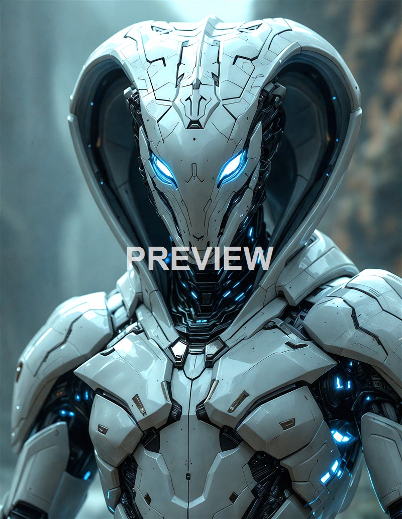 A highly detailed, futuristic humanoid robot with a sleek white armor-like exterior, glowing blue eyes, and intricate internal mechanical components visible through its surface.